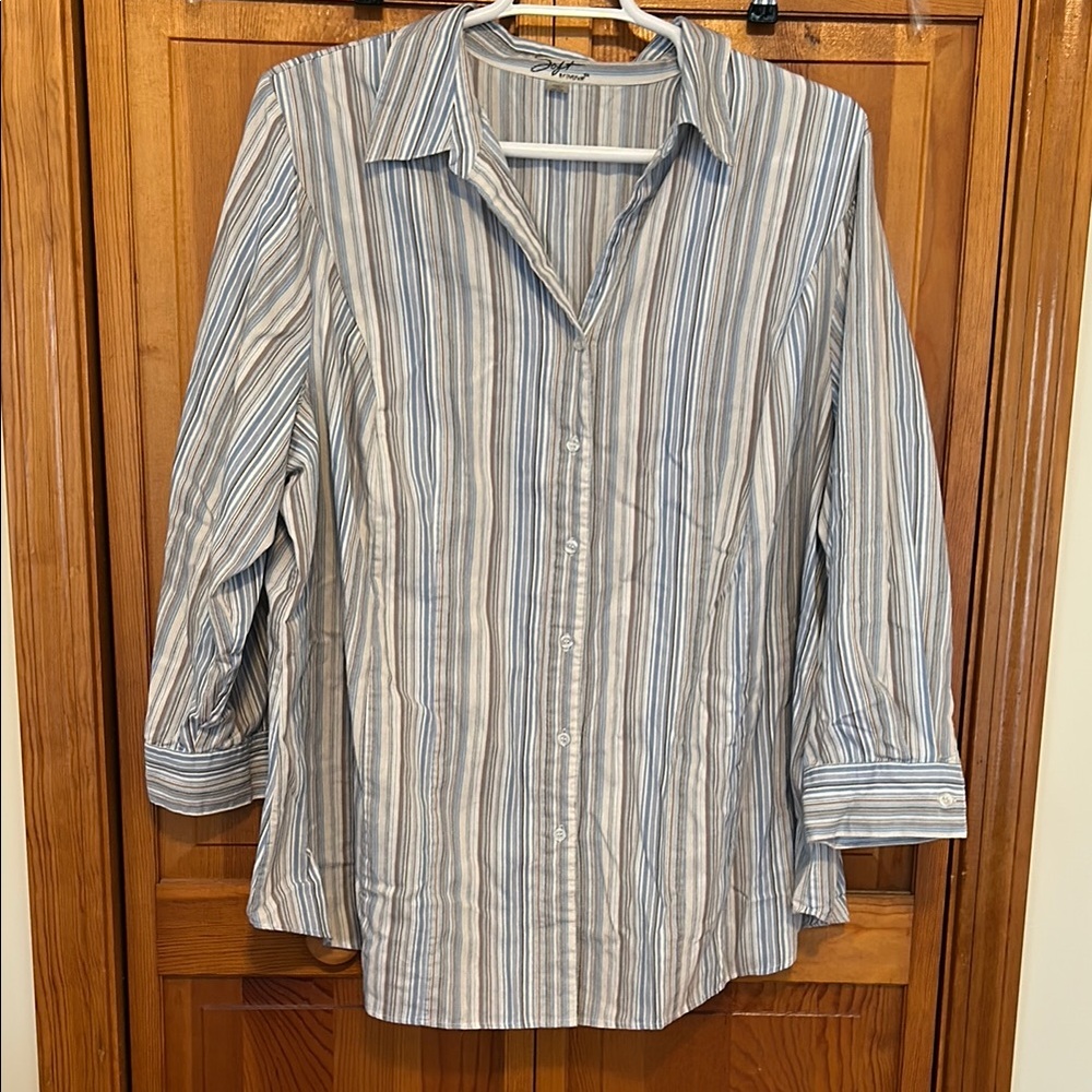 Avenue Blue White Striped Button‑Down Shirt 30/32 EUC • Cotton‑Blend Top